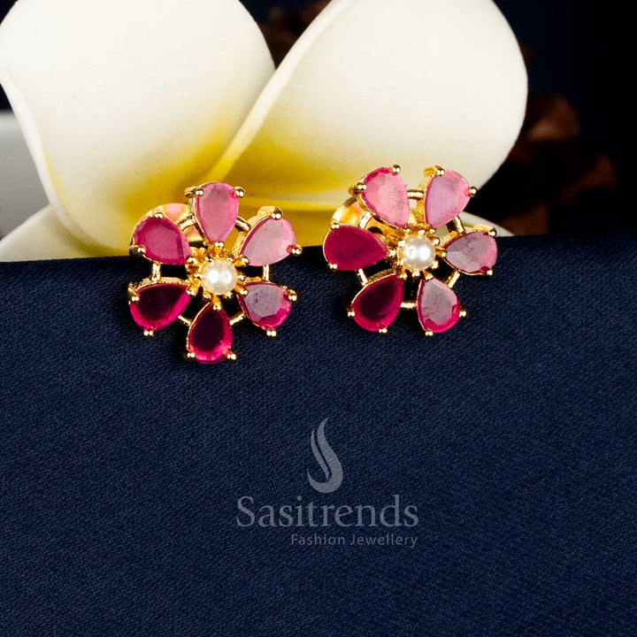 Casual wear guaranteed Micro Gold Plated Teardrop Halo Pearl Centre Ruby AD Stone Stud Earrings With Premium Real-Gold-Like Finish - Sasitrends
