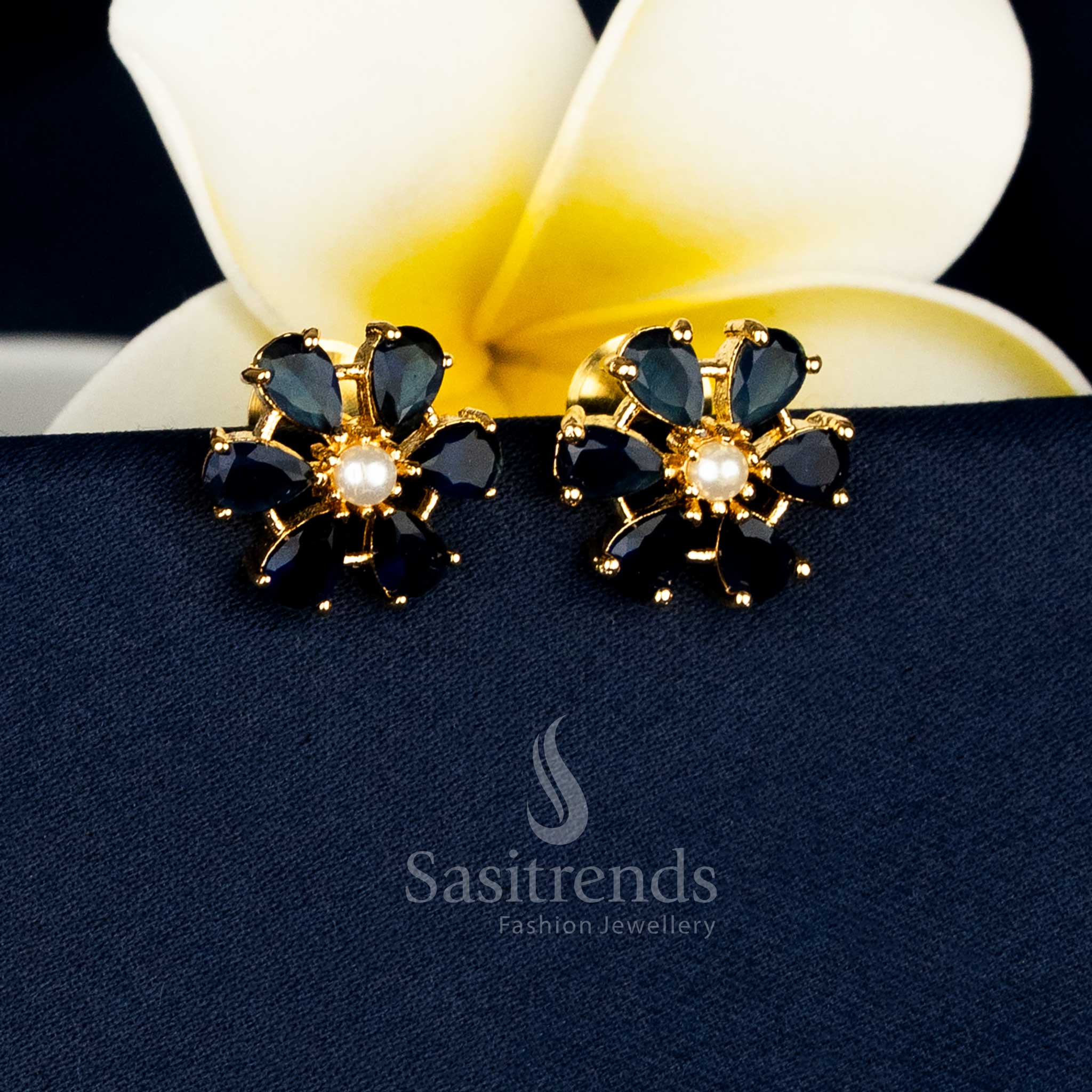 24K Micro Gold Plated Teardrop Halo Pearl Centre blue  AD Stone Stud Earrings With Premium Real-Gold-Like Finish - Sasitrends