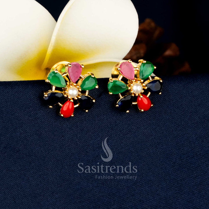 Guaranteed Real Gold Look Micro Gold Plated Teardrop Halo Floral Pearl Centre AD Stone Stud Earrings