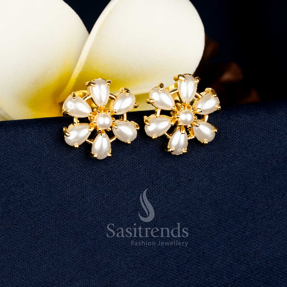 Office wear one gram Micro Gold Plated Teardrop Halo Pearl Centre AD Stone Stud Earrings With Premium Real-Gold-Like Finish - Sasitrends
