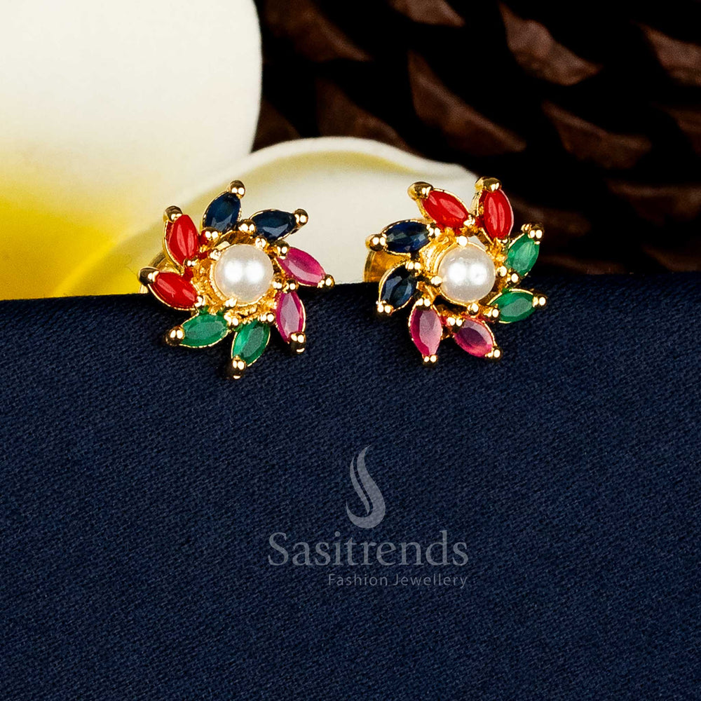 Guaranteed one gram Micro gold plated petal cluster pearl stud earrings with Navarathna AD stones - Sasitrends