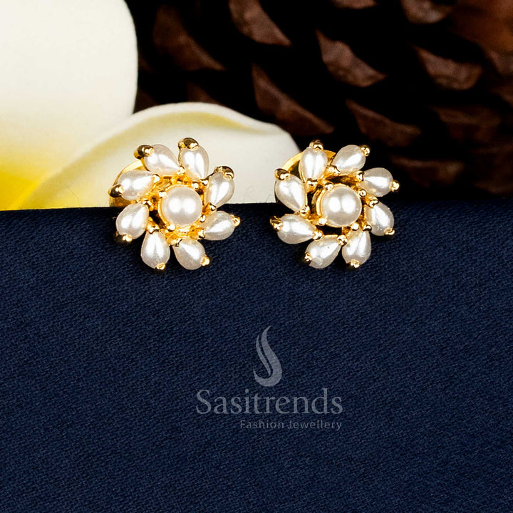 Festive Wear One Gram Micro Gold Plated Petal Cluster Pearl Centre AD Stone Stud Earrings