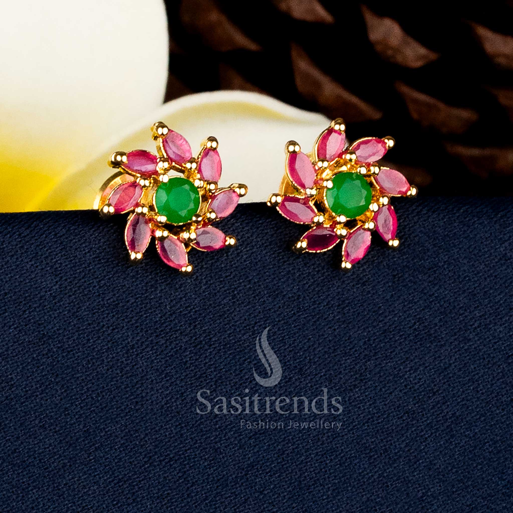 Traditional festive wear Micro gold plated petal cluster pearl stud earrings with Ruby green AD stones - Sasitrends