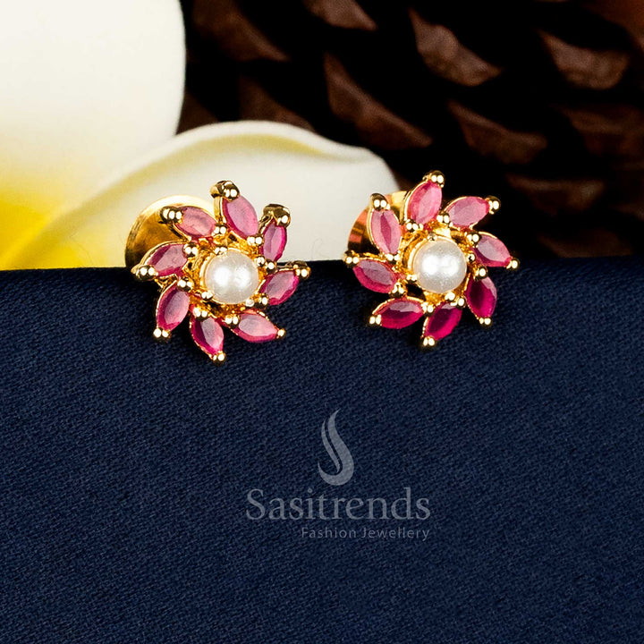 Real gold look alike Micro gold plated petal cluster pearl stud earrings with Ruby AD stones - Sasitrends