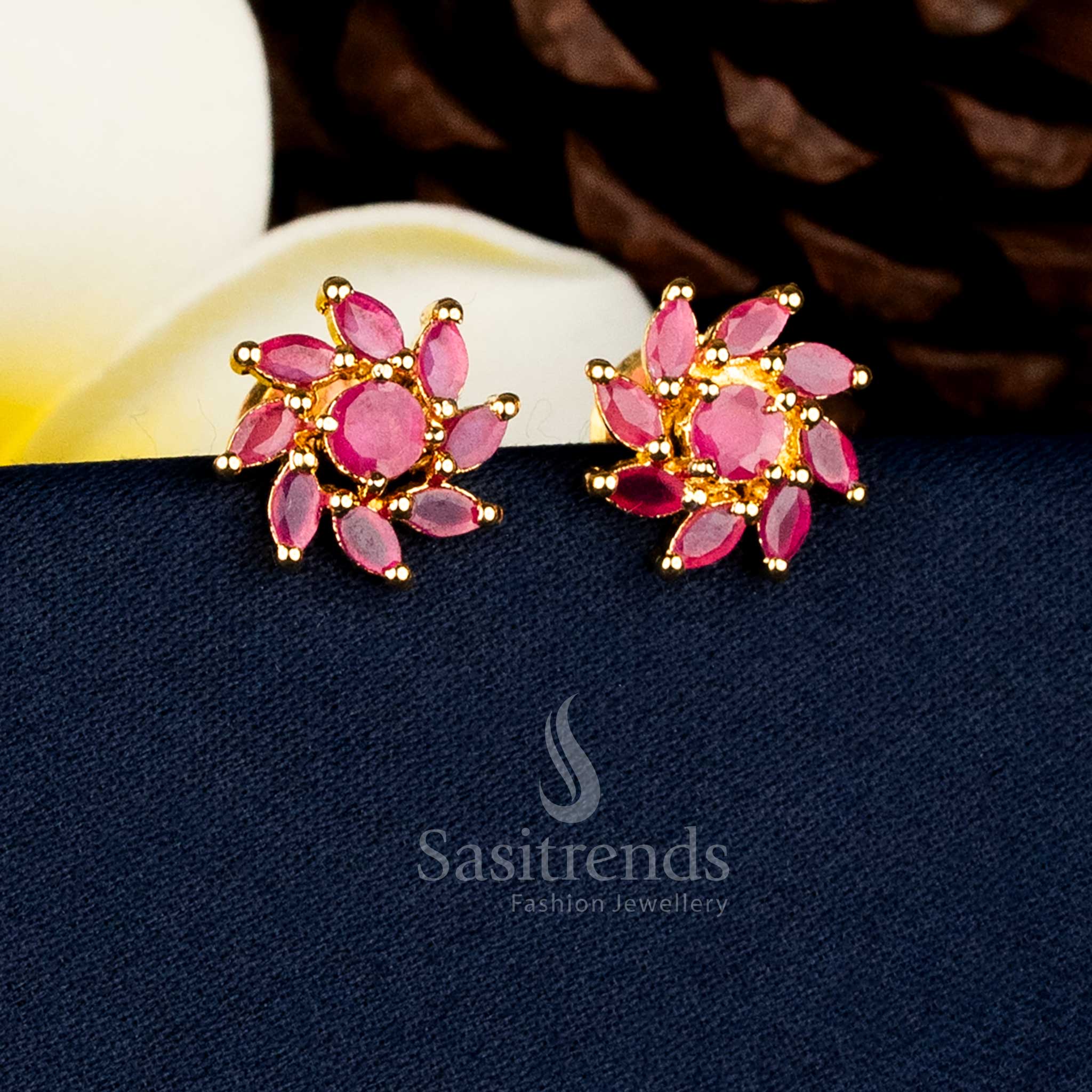 Guaranteed one gram 24k Micro gold plated petal cluster pearl stud earrings with Ruby AD stones - Sasitrends