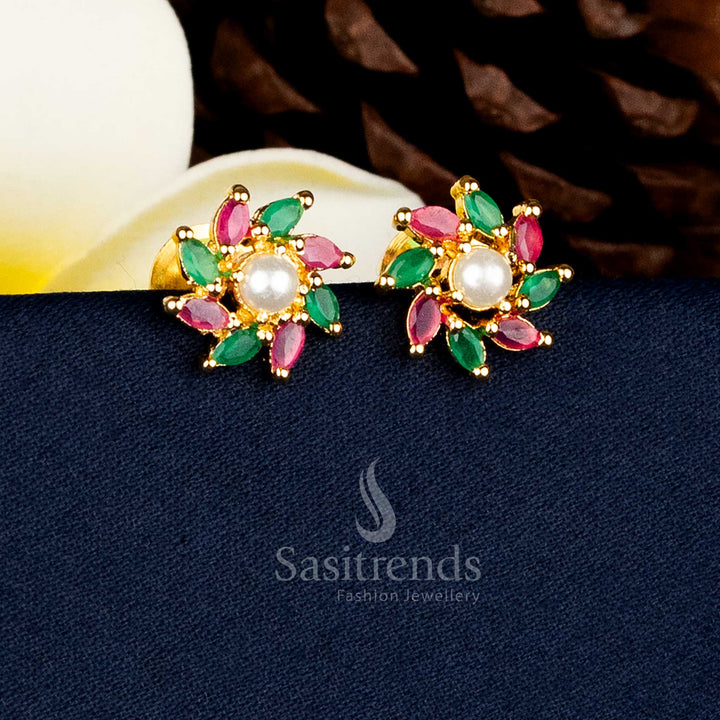 Traditional guaranteed festive wear  Micro gold plated petal cluster pearl stud earrings with RUby green AD stones - Sasitrends