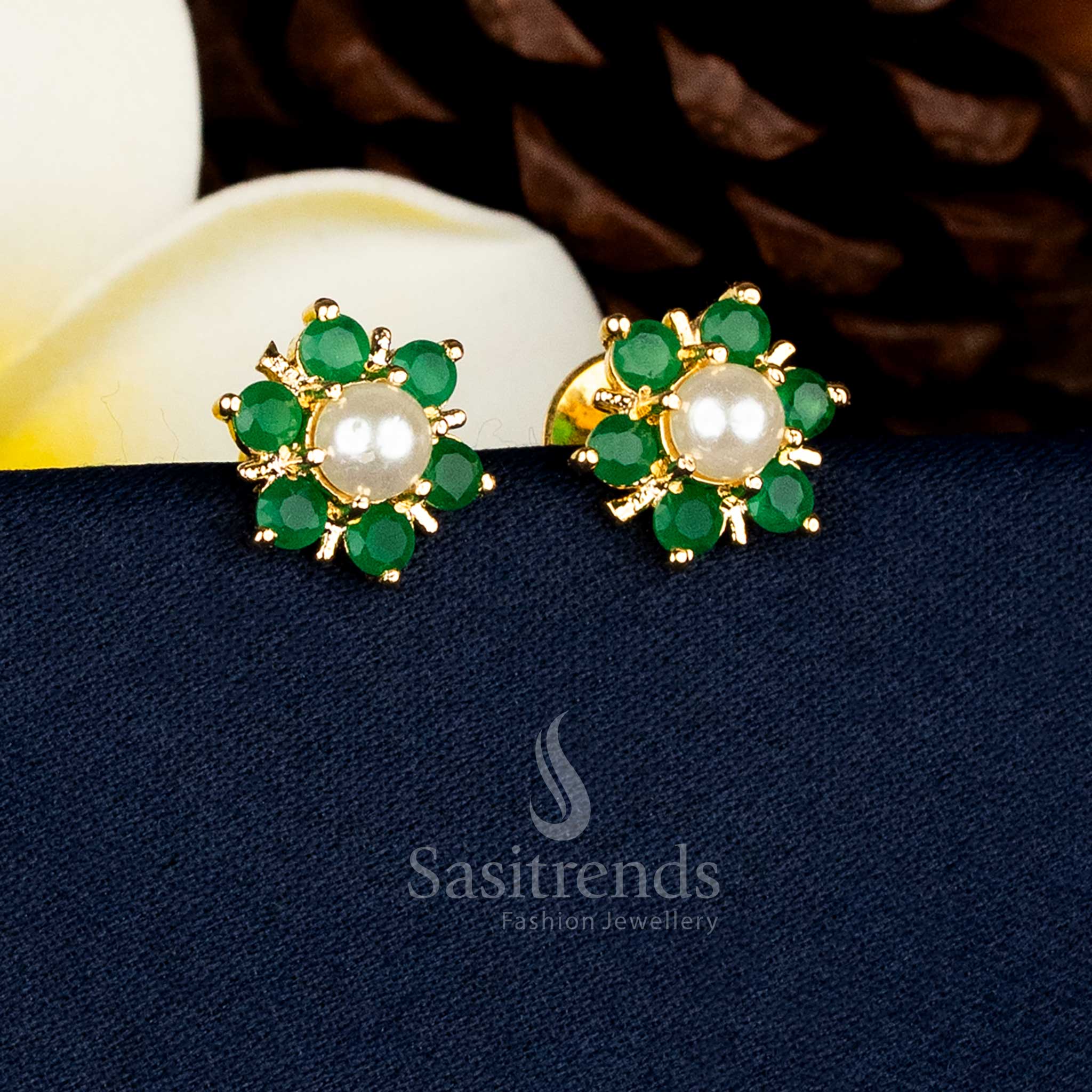 Guaranteed one gram 24k Micro gold plated floral stud earrings with central pearl and clustered Green AD stone petal design, premium traditional finish with real-gold look - Sasitrends