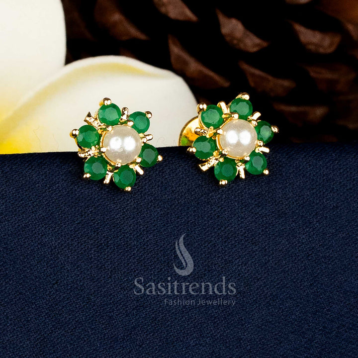 Guaranteed one gram 24k Micro gold plated floral stud earrings with central pearl and clustered Green AD stone petal design, premium traditional finish with real-gold look - Sasitrends