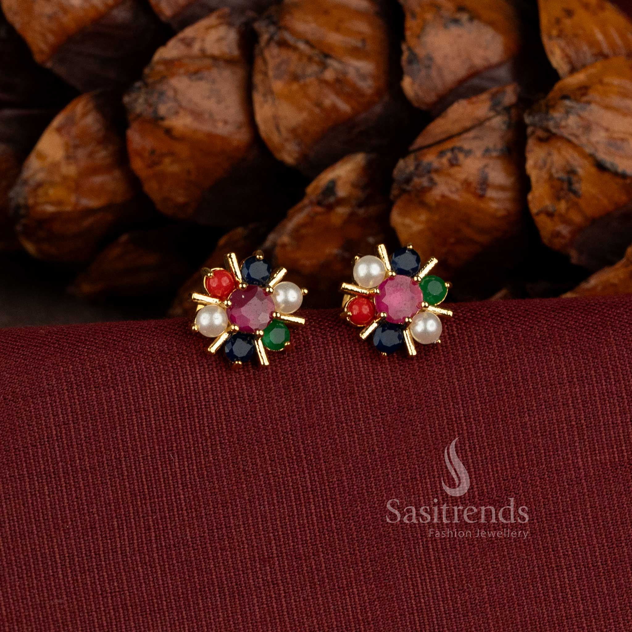 Beautiful 24K Micro Gold Plated Floral AD Stone Stud Earrings with Pearl Centre - Sasitrends