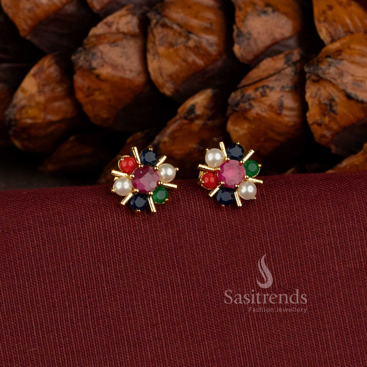 Beautiful 24K Micro Gold Plated Floral AD Stone Stud Earrings with Pearl Centre - Sasitrends