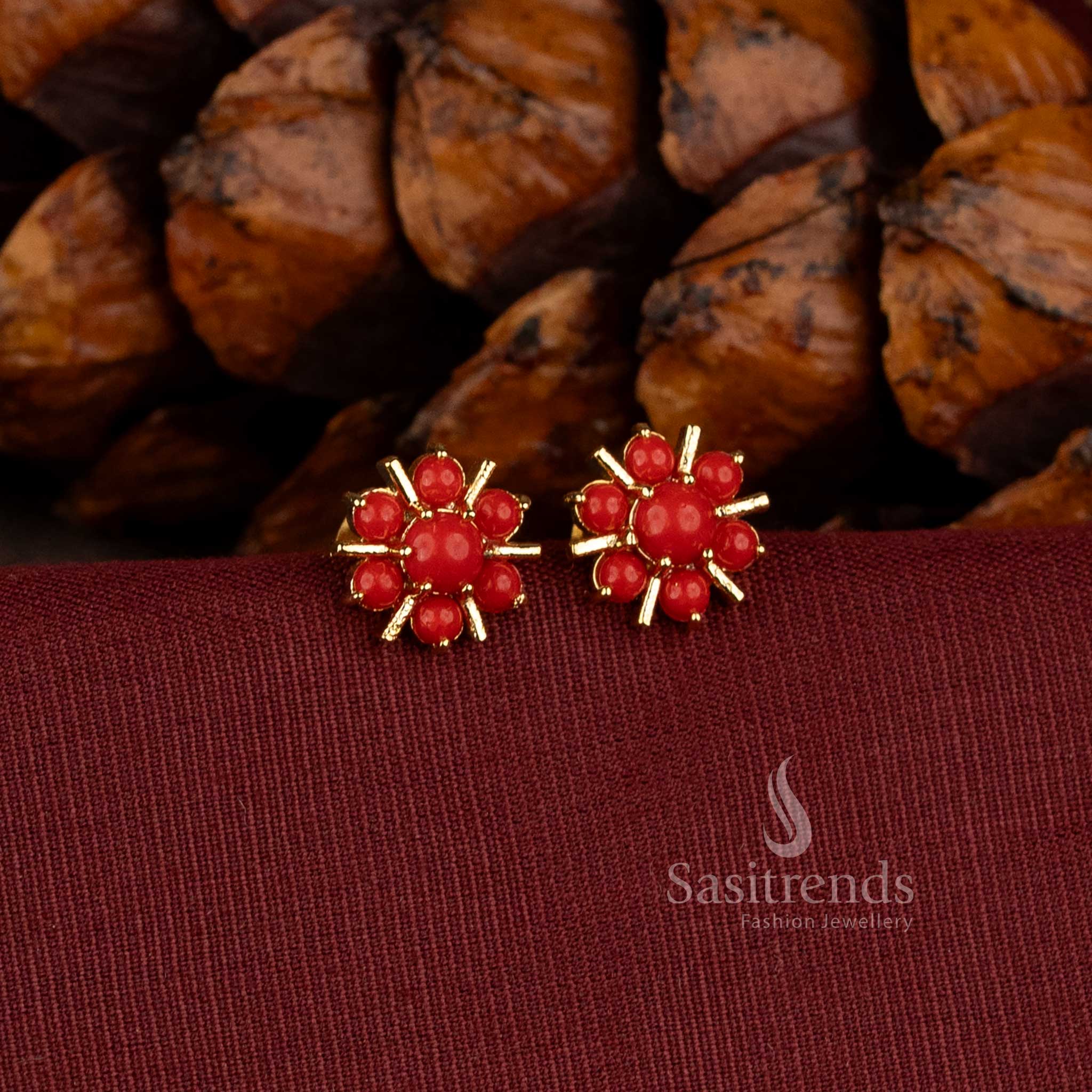 Beautiful 24K Micro Gold Plated Floral AD Stone Stud Earrings with Pearl Centre - Sasitrends