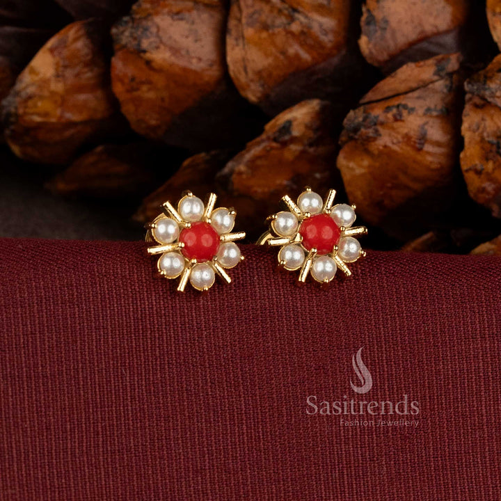 Micro Gold Plated Floral AD Stone Stud Earrings with Pearl Centre - Sasitrends