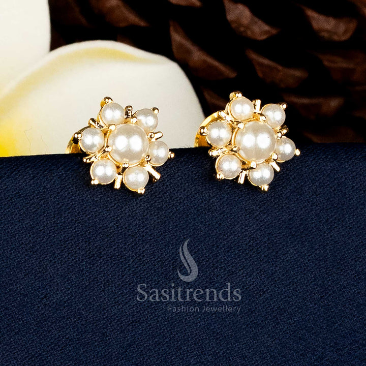 Guaranteed one gram 24k  micro gold plated flower design stud earrings with pearl centre  for bridal and festive wear - Sasitrends