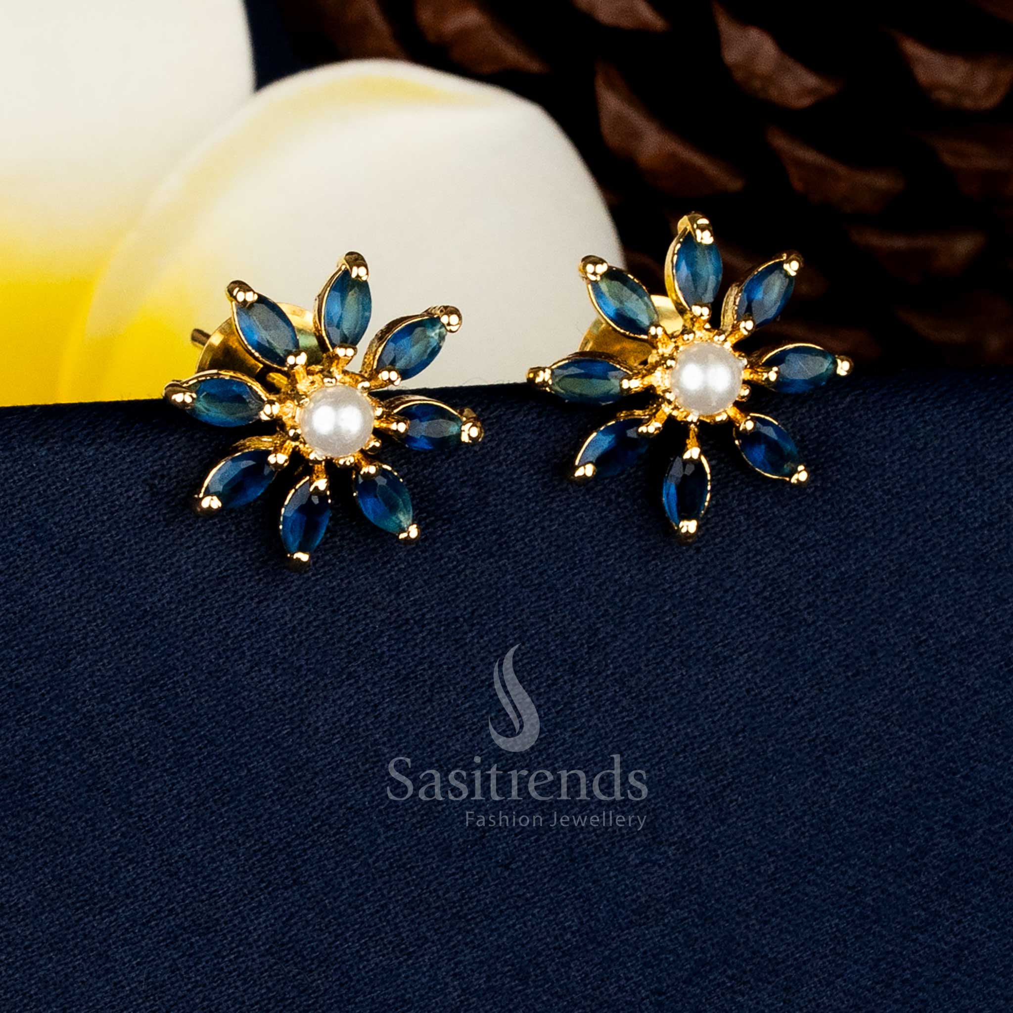 Guaranteed Micro Gold Plated Pearl Centre Starburst Blue AD Stone Stud Earrings With Real-Gold-Like Finish - Sasitrends