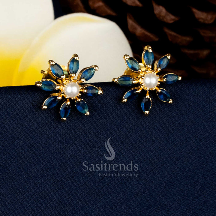 Guaranteed Micro Gold Plated Pearl Centre Starburst Blue AD Stone Stud Earrings With Real-Gold-Like Finish - Sasitrends