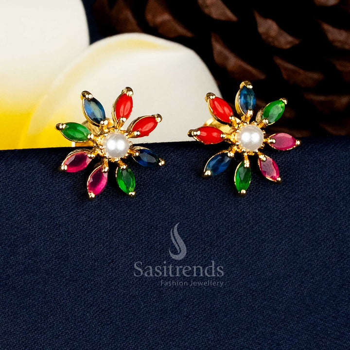 Elite sparkle 24K Micro Gold Plated Pearl Centre Starburst AD Stone Stud Earrings | Guaranteed