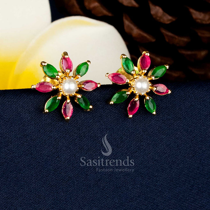 One gram 24K Micro Gold Plated Starburst Design Pearl Ruby green AD Stone Stud Earrings For Traditional Wear - Sasitrends