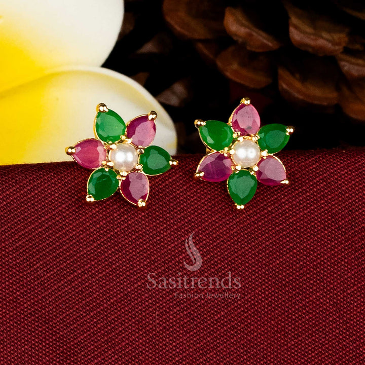 Micro gold plated teardrop petal flower AD stone and pearl stud earrings for traditional and festive wear Sasitrends