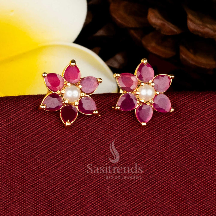 Elegant AD stone and pearl teardrop petal flower stud earrings for weddings and celebrations Sasitrends