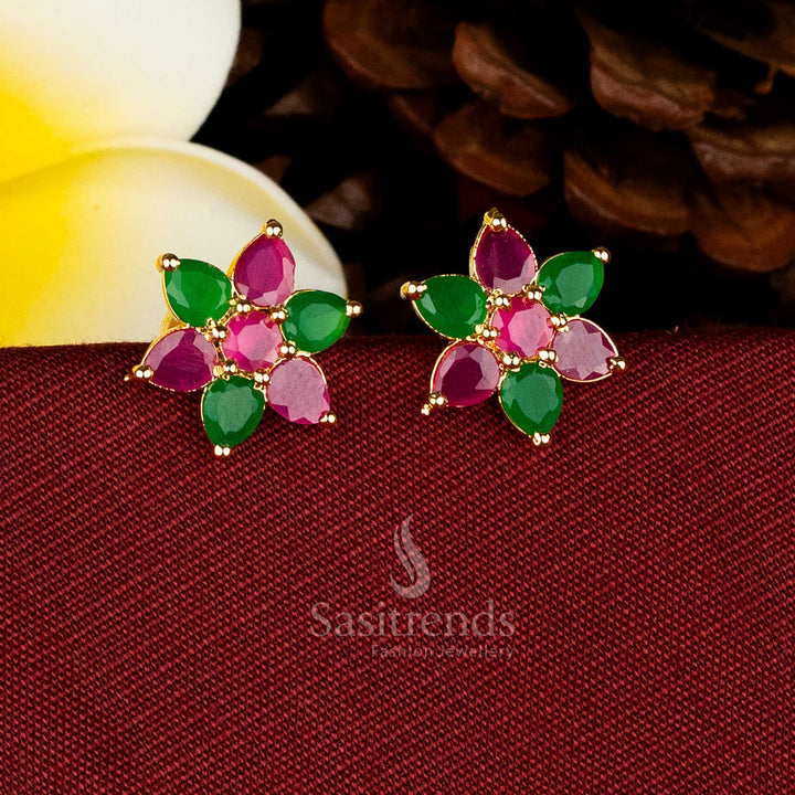 Exquisite Micro Gold Plated AD Teardrop Petal Flower with Pearl Stud Earrings for Traditional Wear – Guaranteed