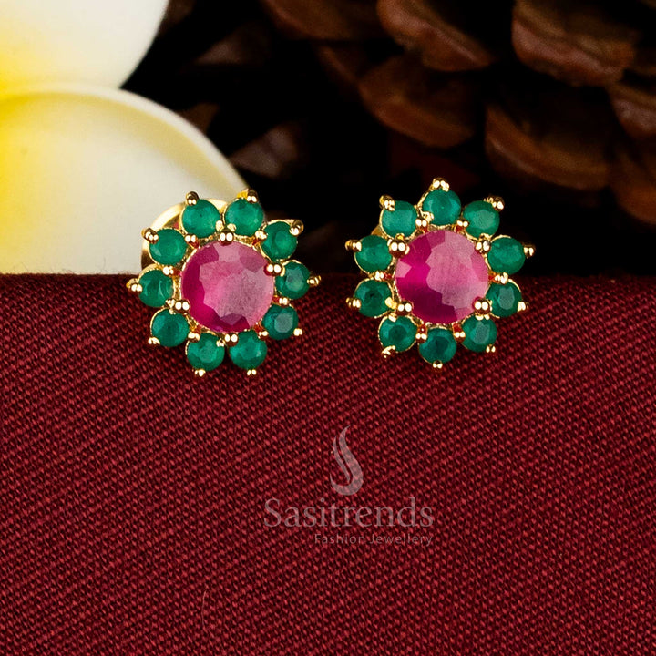  Gold plated round floral stud earrings adorned with AD stones and pearls for elegant occasions Sasitrends