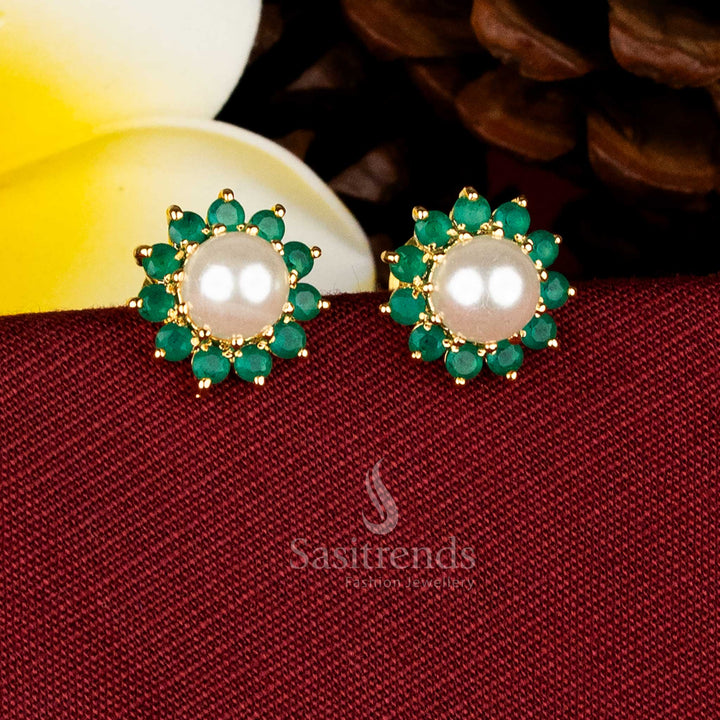 Micro gold plated round floral AD stone and pearl stud earrings for ceremonies and celebrations Sasitrends