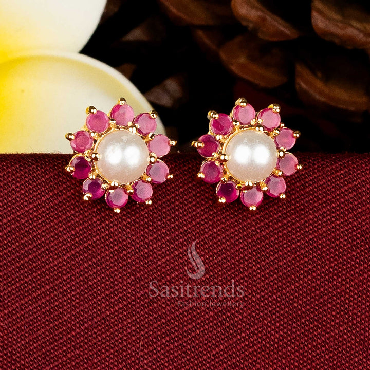 Gold plated round floral stud earrings adorned with AD stones and pearls for elegant occasions Sasitrends