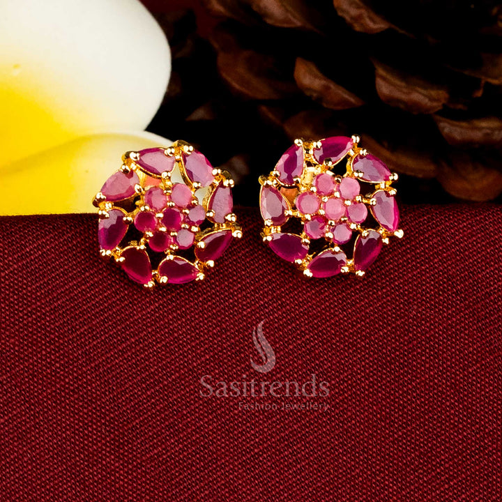 Sasitrends traditional 24K micro gold plated ruby AD stone round blossom design stud earrings offering rich, real-gold appearance.