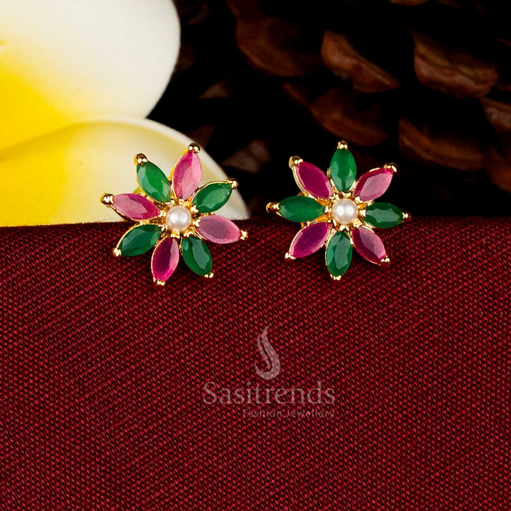24K Micro Gold Plated Multi-Petal Ruby green AD Stone Pearl Stud Earrings with Rich One Gram Gold Look – Sasitrends
