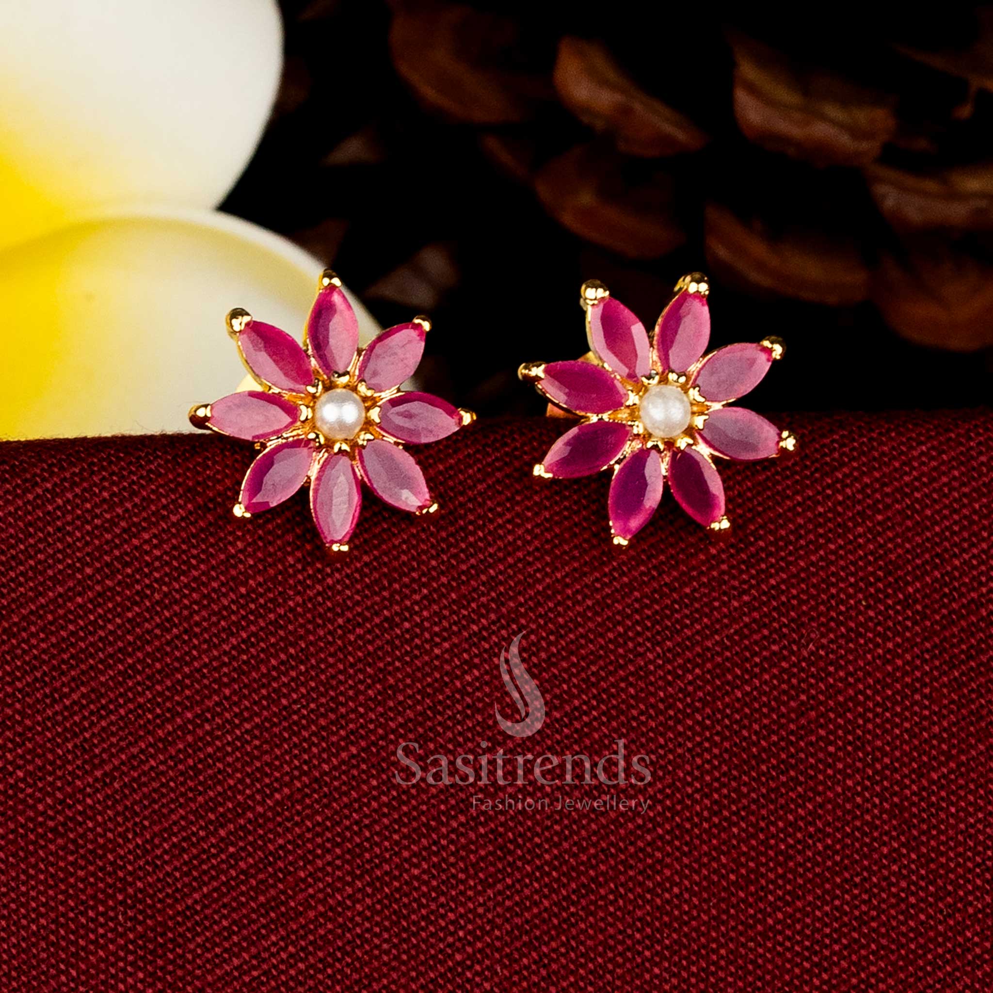 Premium One Gram Gold Style Multi-Petal Ruby AD Stone Pearl Earrings for Temple and Festive Wear - Sasitrends
