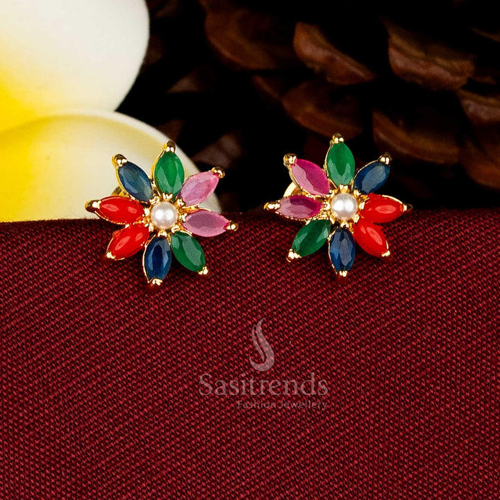 Traditional Multi-Color Navarathna AD Stone Floral Stud Earrings with Pearl Centre and Micro Gold Plating - Sasitrends