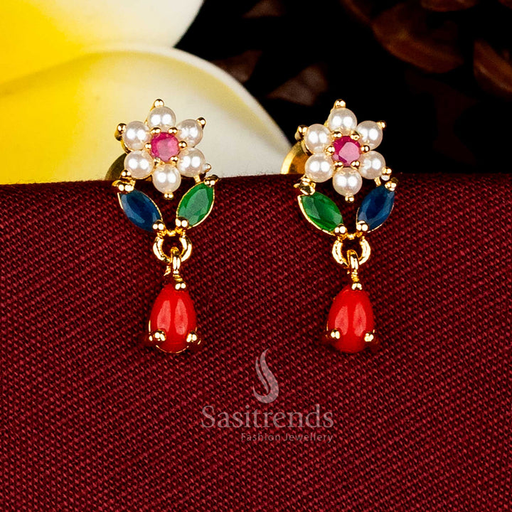 Teardrop pearl AD floral cluster micro gold plated earrings for wedding saree styling Sasitrends
