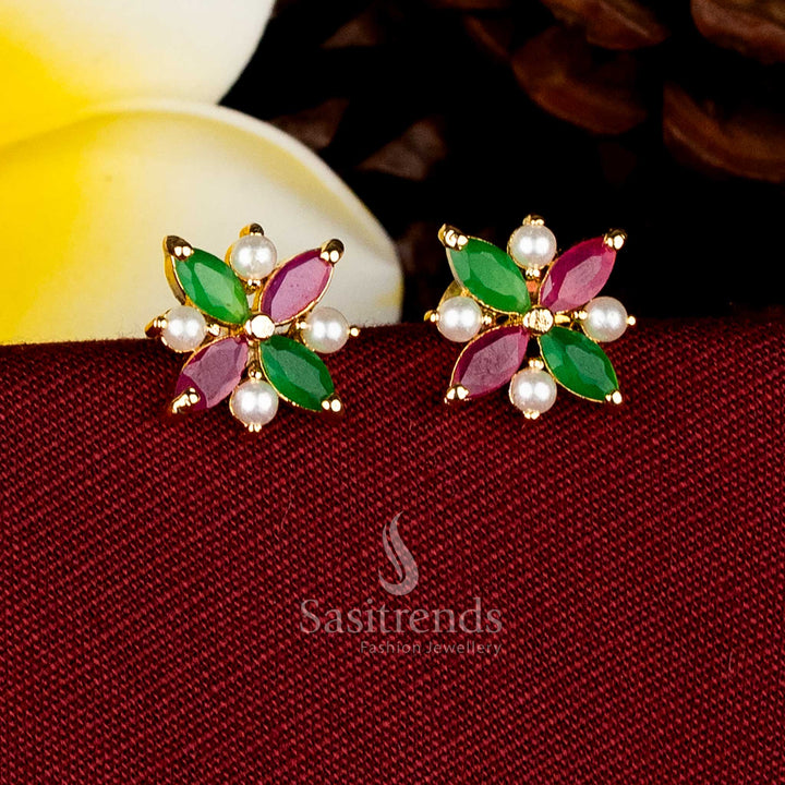 Radiance micro gold plated marquise four-petal flower pearl AD stud earrings Guaranteed glow for celebration wear Sasitrends