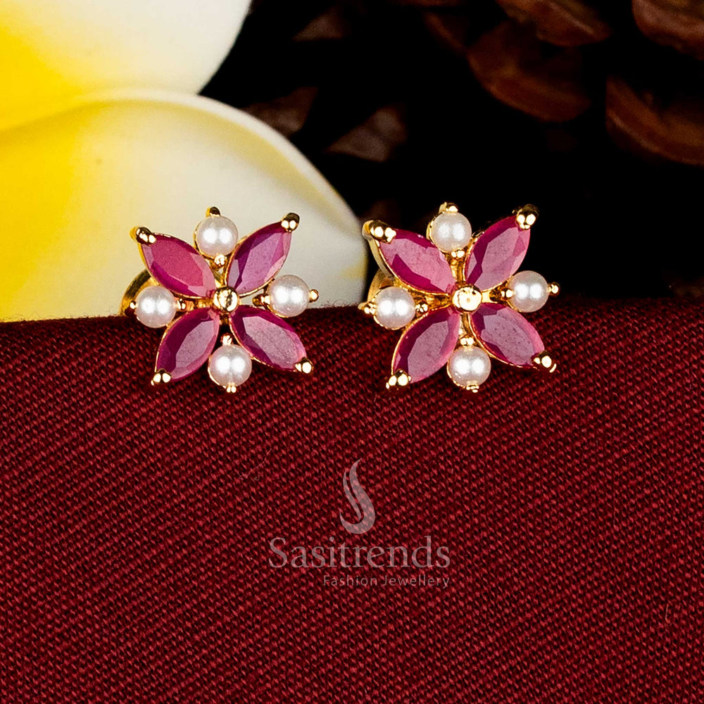 Marquise-cut four-petal floral pearl AD micro studs perfect for reception saree styling Sasitrends