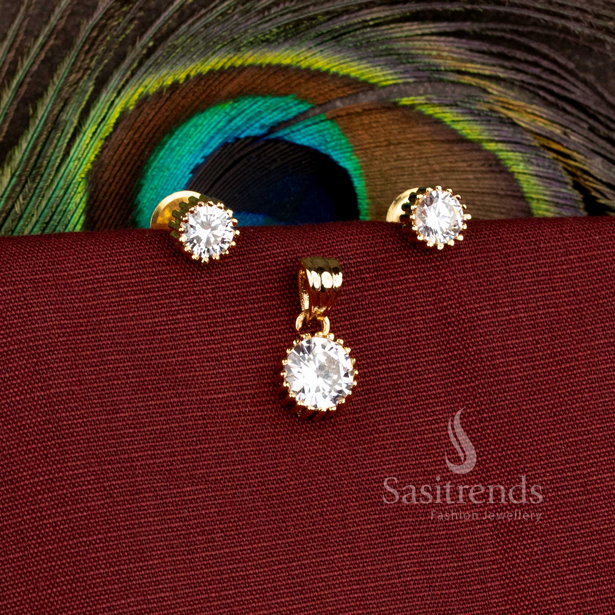 Regal 24K micro gold plated AD stone pendant set with elegant matching earrings for festive saree styling and celebration wear - Sasitrends