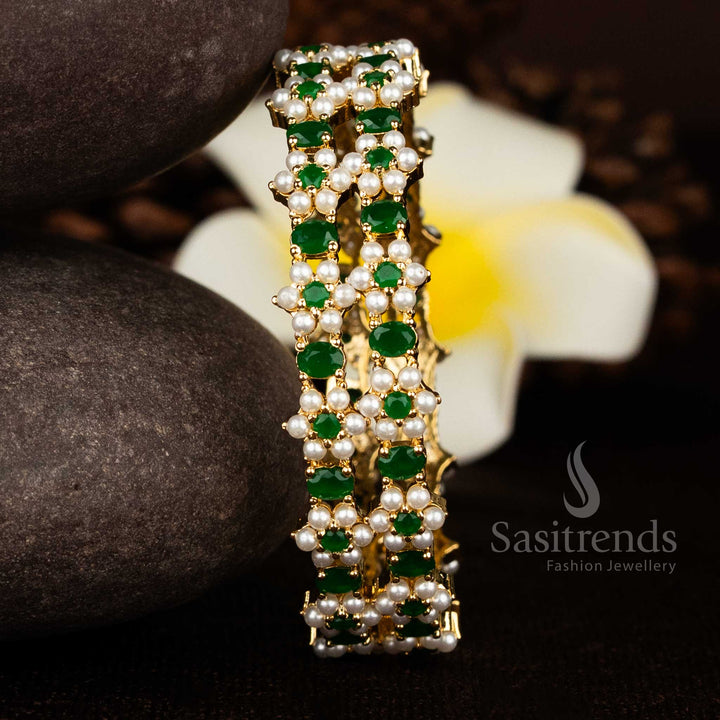Sasitrends 24K Micro Gold Plated Pearl Floral Center Green AD Oval Stone Bangles – One Gram Gold Look