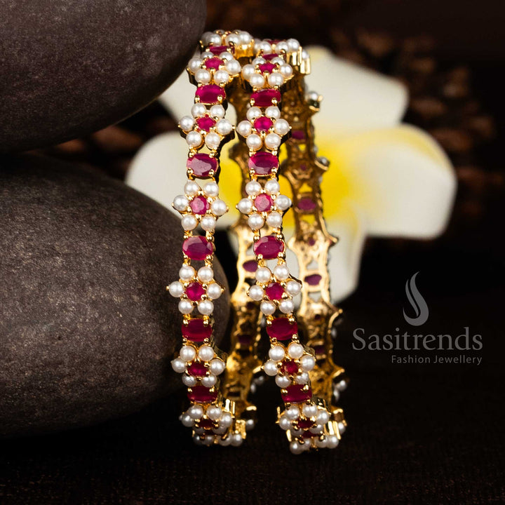 Traditional Pearl and Ruby Oval AD Stone Micro Gold Plated Bangles by Sasitrends