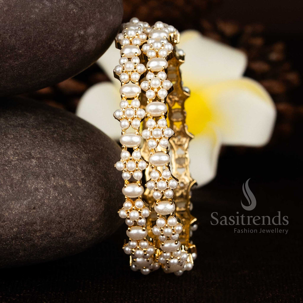Sasitrends Premium Micro Gold Plated Floral Pearl Cluster Bangles for Festive Wear, Look Like real gold