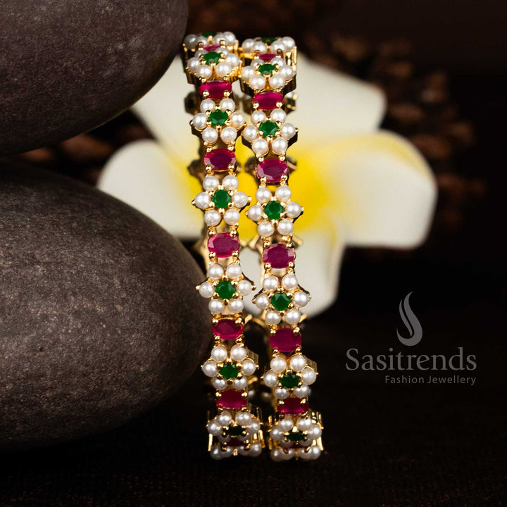 Fabulous 24K Real Gold Look Micro Gold Plated Pearl Floral Oval AD Stone Bangles | Guaranteed