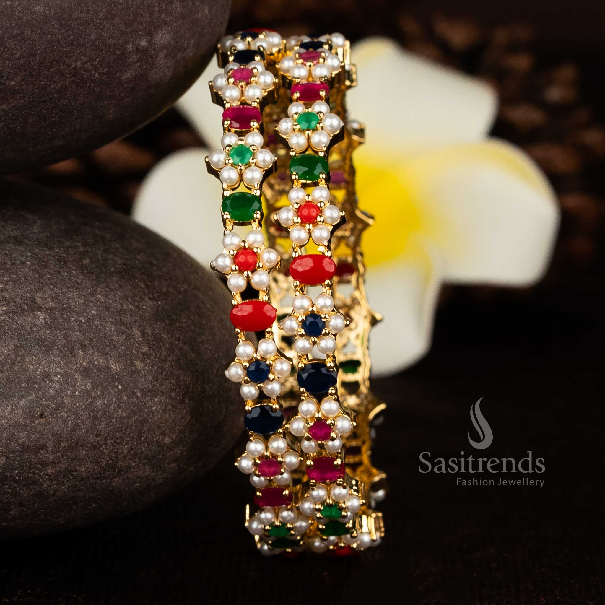 Traditional Pearl and Navarathna AD Stone Micro Gold Plated Bangles by Sasitrends