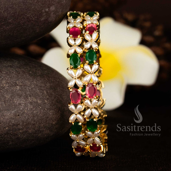 Delightful 24K Micro Gold Plated Pearl Petal Cluster AD Stone Bangles For Traditional & Festive Wear