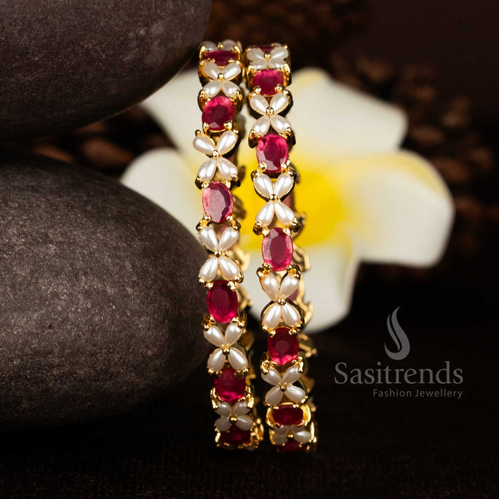 Sasitrends Premium Pearl Cluster Ruby AD Stone Bangles with 24K Micro Gold Plating