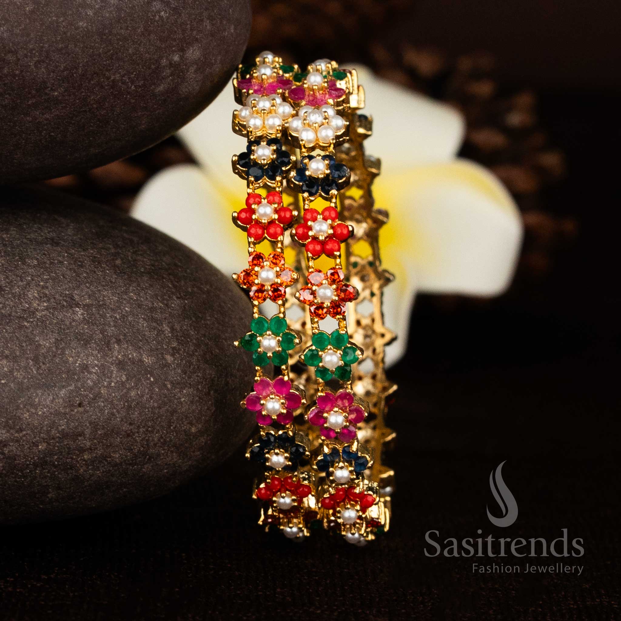 Guaranteed Micro gold plated floral AD pearl bangles with premium traditional handcrafted detailing for rich ethnic styling - Sasitrends