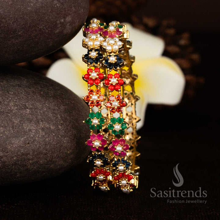 Guaranteed Micro gold plated floral AD pearl bangles with premium traditional handcrafted detailing for rich ethnic styling - Sasitrends