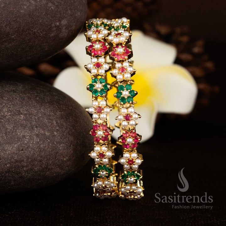 Elegant micro gold plated floral design bangles featuring pearl clusters for premium temple-style jewellery styling - Sasitrends