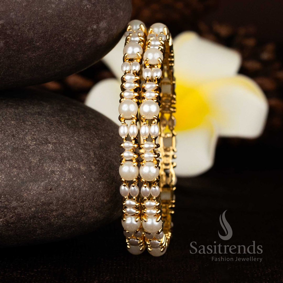 High-quality micro gold plated bangles with triple and double-layer pearl detailing for a rich elegant look - Sasitrends
