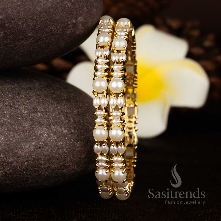 Traditional Guaranteed Pearl Embellished 24K Micro Gold Plated Multi-Row Bangles | Look Like Real Gold