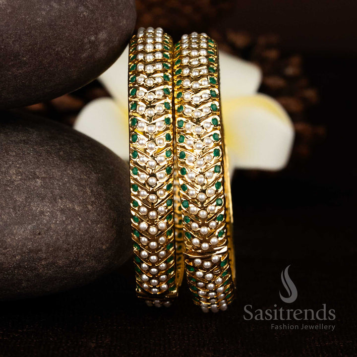 Exquisite Punjabi Jadau 24K Micro Gold Plated Openable Pearl Cluster AD Stone Kada Bangles For Traditional & Grand Occassions