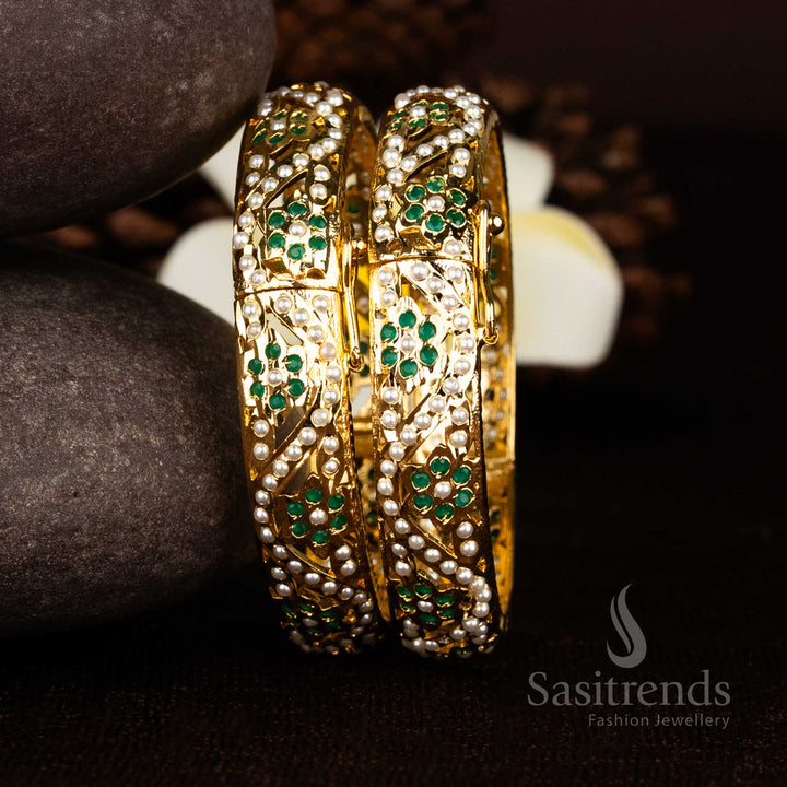 Impressive Punjabi Jadau One Gram 24K Micro Gold Plated Floral Openable Kada Bangles | Guaranteed