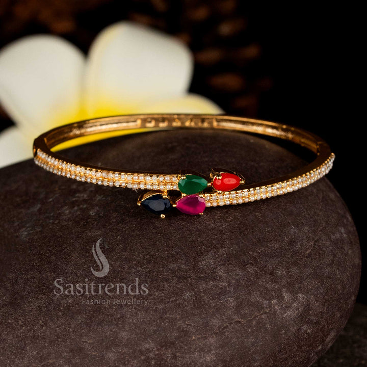 Glorious Guaranteed 24K Micro Gold Plated Teardrop American Diamond and Pearl Openable Bracelet Bangle for Festive & Party Styling